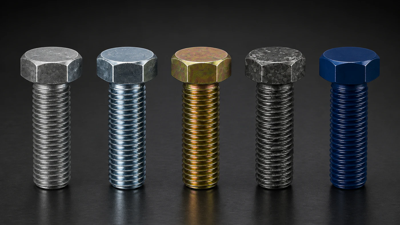 Cinco pernos con acabados galvanizado, zincado, bicromatizado, zinc flake y PTFE