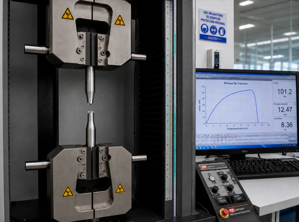 Máquina universal realizando un ensayo de tracción en el laboratorio