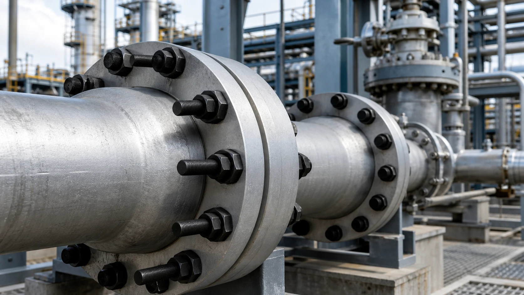 Unión bridada industrial ensamblada con espárragos roscados y tuercas hexagonales